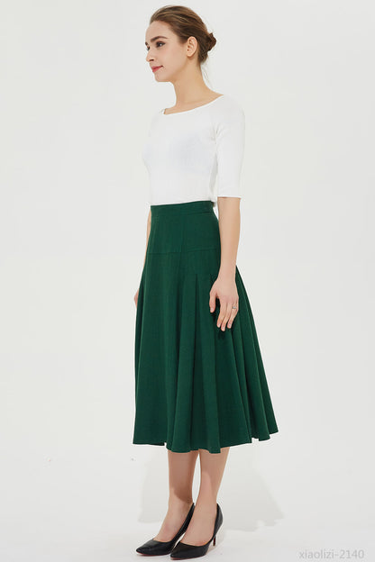 Green Linen A-Line Pleated Skirt - Mid Calf Length 2140