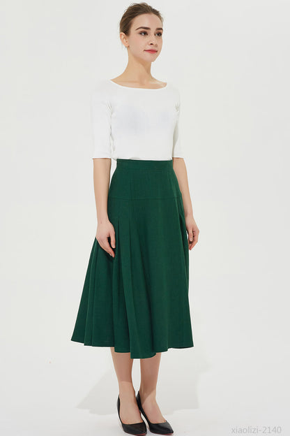 Green Linen A-Line Pleated Skirt - Mid Calf Length 2140