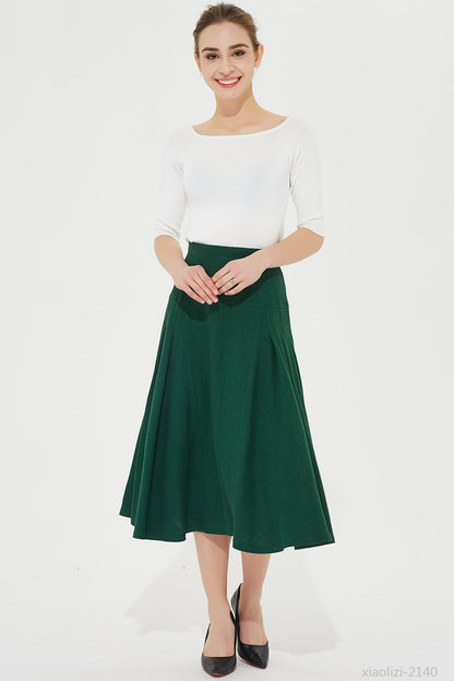 Green Linen A-Line Pleated Skirt - Mid Calf Length 2140