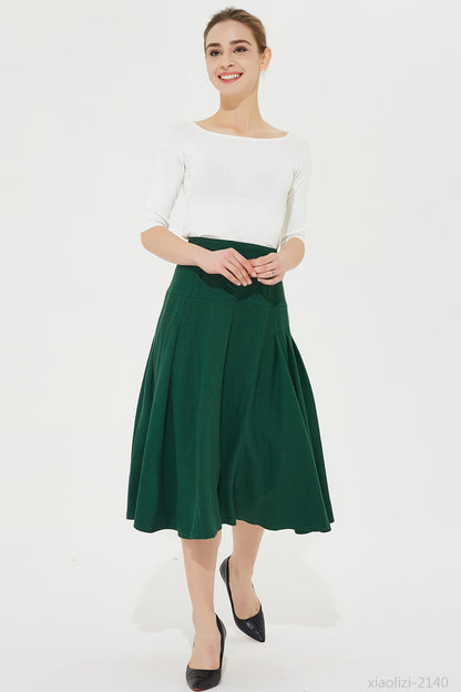 Green Linen A-Line Pleated Skirt - Mid Calf Length 2140