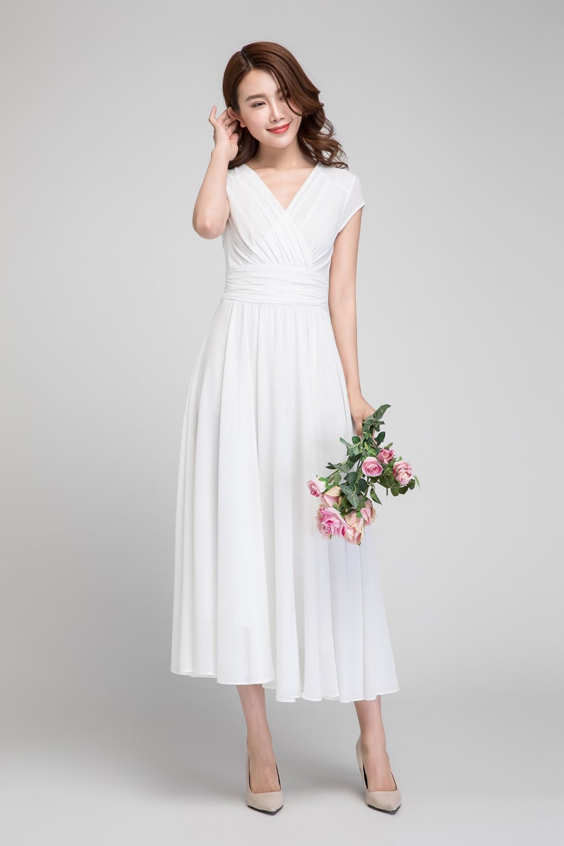 empire waist white dress White Chiffon Midi Dress with Empire Waist