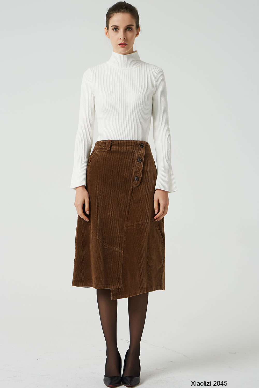 brown corduroy skirt with elastic waist band 2045 – XiaoLizi