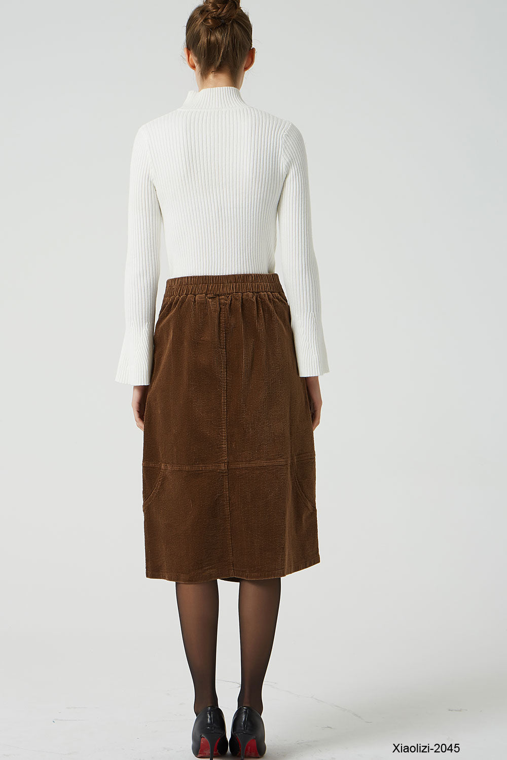 brown corduroy skirt with elastic waist band 2045