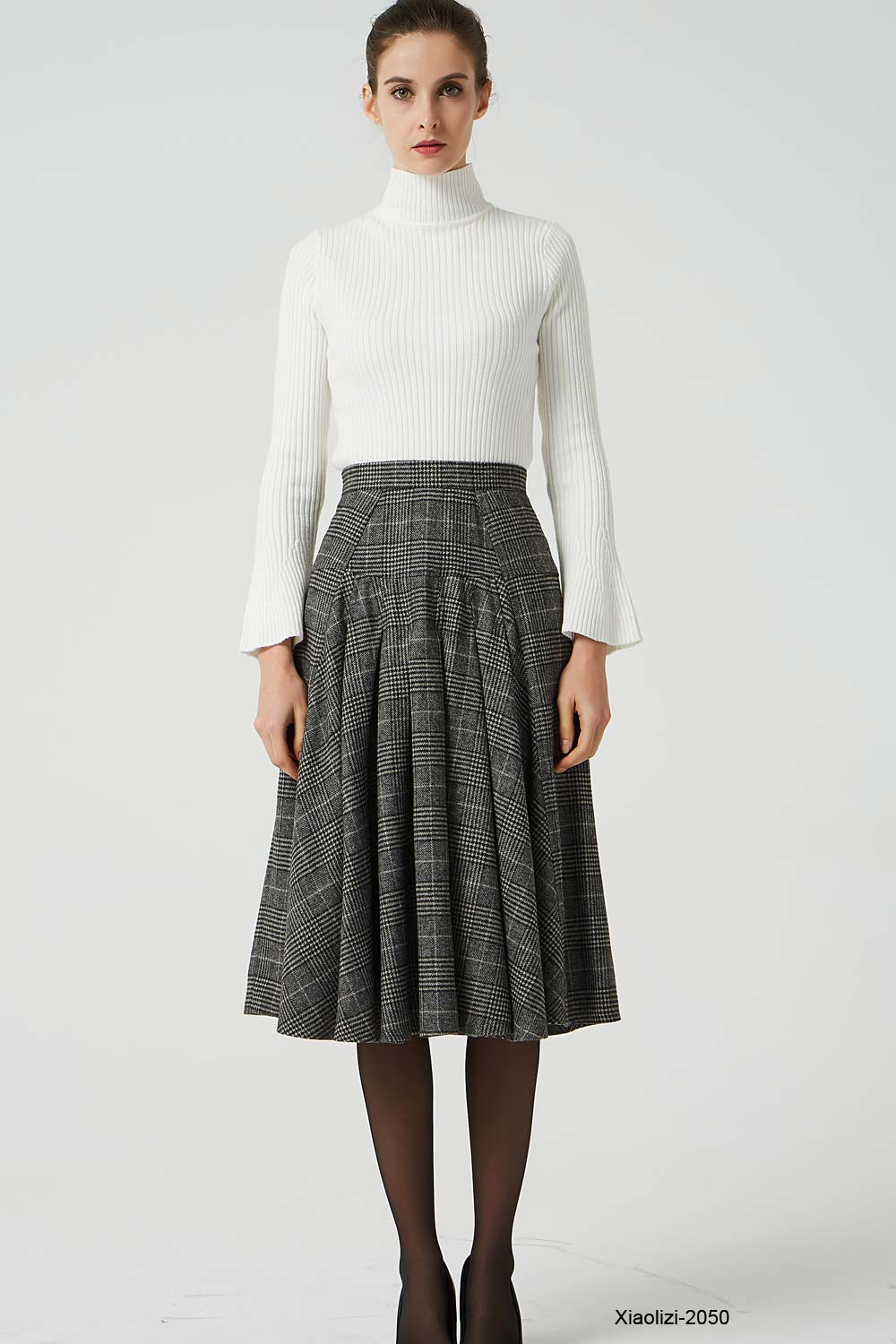 Knee length plaid outlet wool skirt