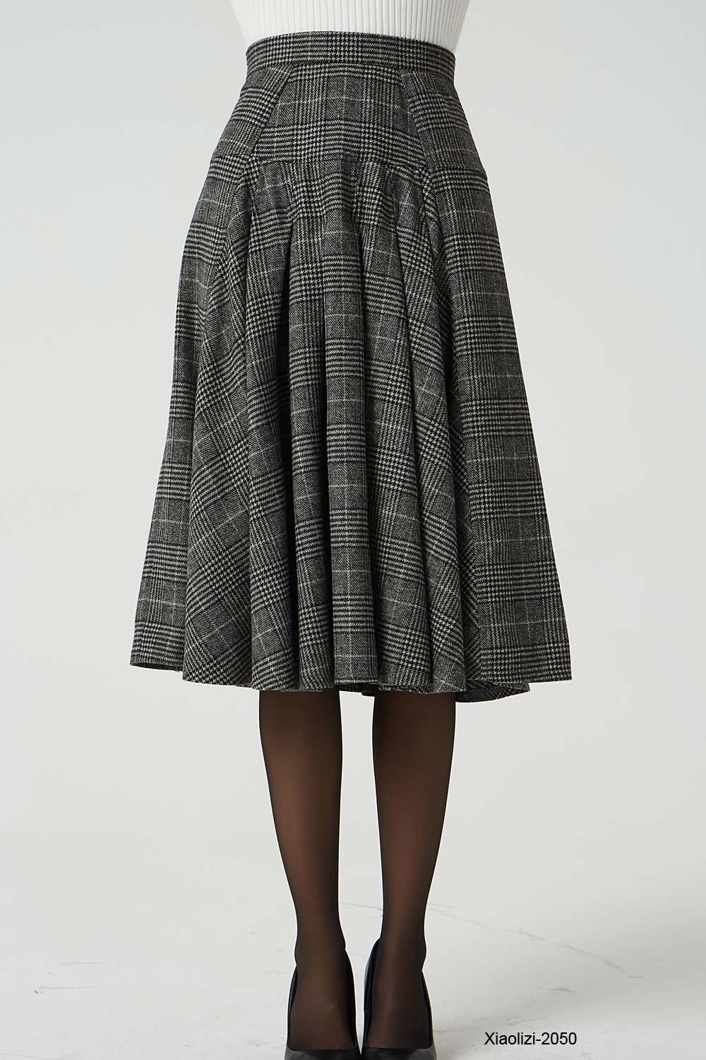retro plaid wool skirt, pleated knee length skirt 2050