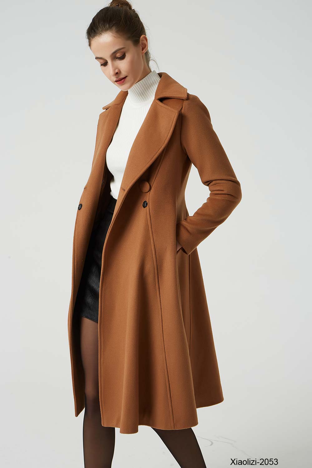 Women’s Camel Wool Blend Coat – Chic Fit-and-Flare Knee-Length Coat