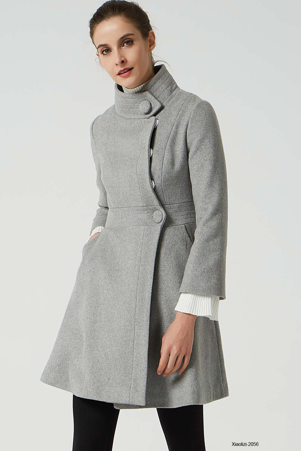 ladies grey dress coat Light Grey Wool Coat with Fitted Waist and Stand-Up Collar Light Grey / S