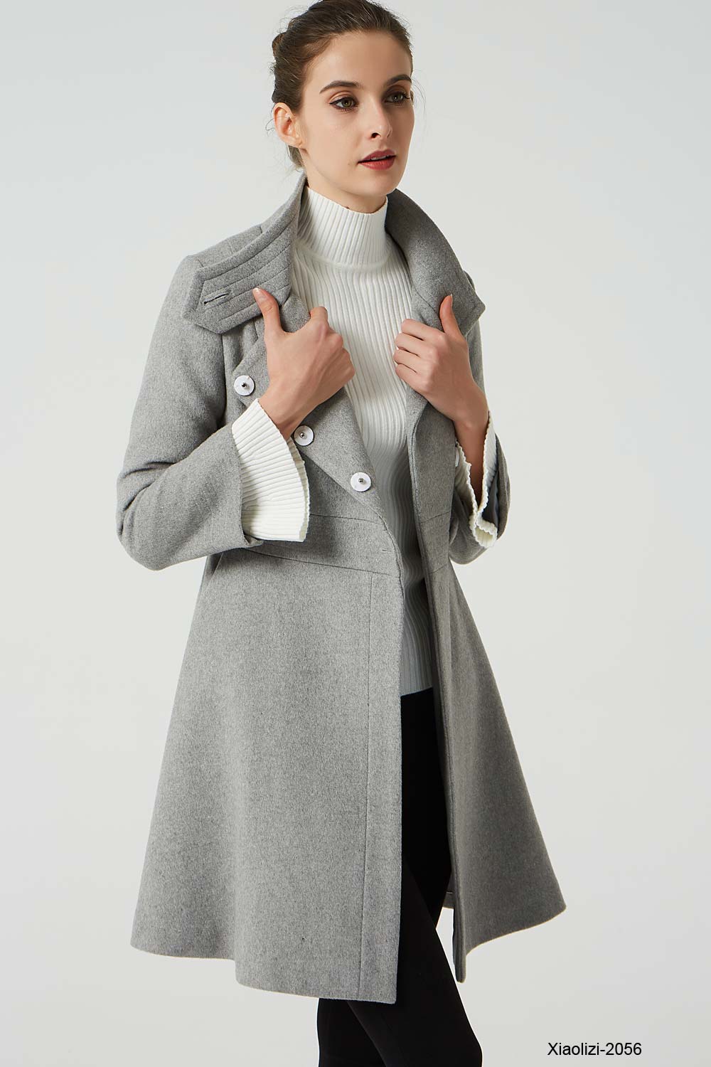ladies grey dress coat Brown Wool Maxi Coat with Double-Breasted A-Line Silhouette Gray / XS