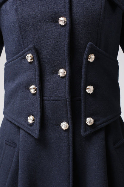 Navy Blue Wool Military Coat – Vintage Long Winter Overcoat with Silver Buttons 0701