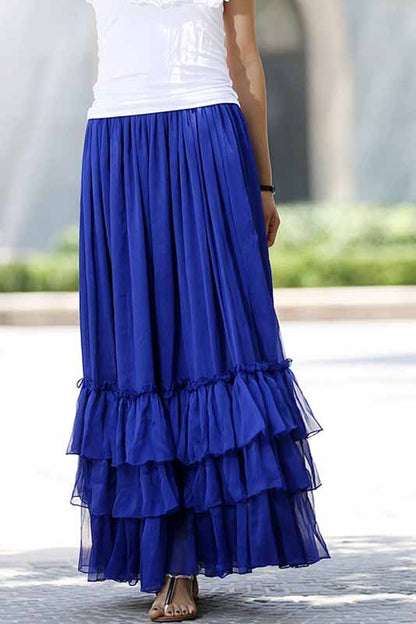 Blue long skirt women skirts maxi chiffon skirt tiered skirt 1018#