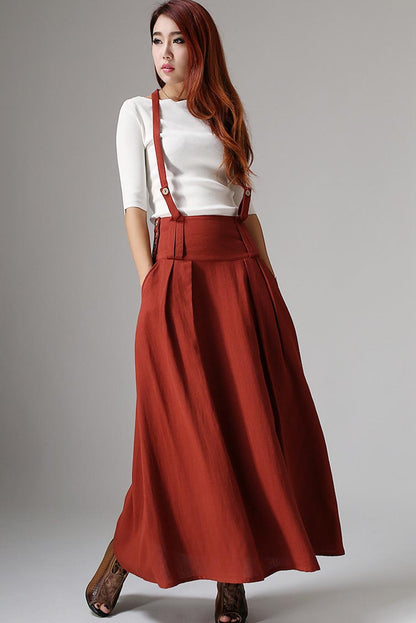 Vintage A-Line Suspender Skirt – Dark Rust Linen, Maxi Length – 1035