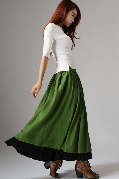 Feminine Linen Maxi Skirt Forest Green – High-Waisted A-Line – 1037