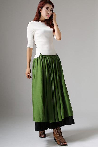 Feminine Linen Maxi Skirt Forest Green – High-Waisted A-Line – 1037