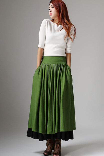 Feminine Linen Maxi Skirt Forest Green – High-Waisted A-Line – 1037