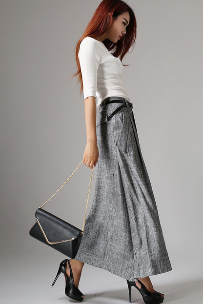 Gray Linen Maxi Skirt - Pleated Waist with Side Pockets 1039