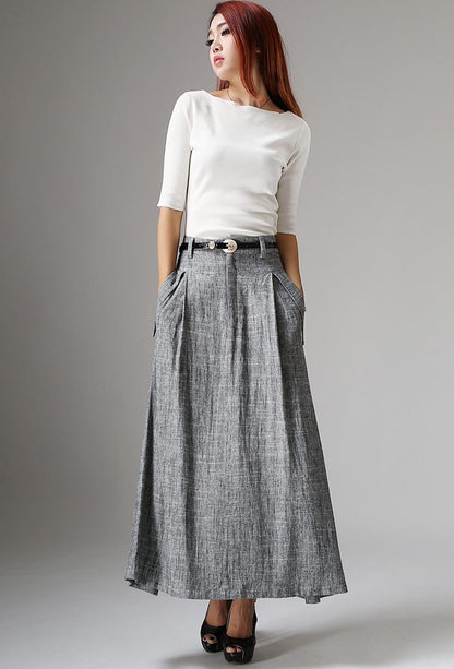 Gray Linen Maxi Skirt - Pleated Waist with Side Pockets 1039