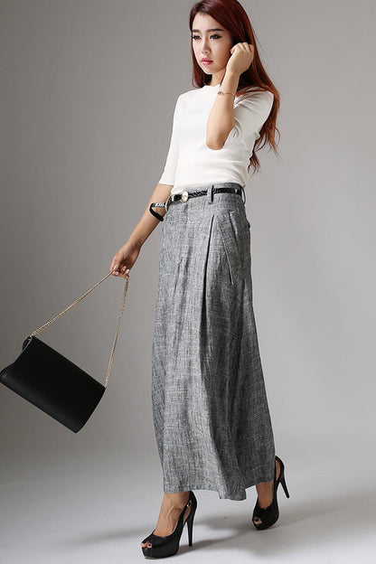 Gray Linen Maxi Skirt - Pleated Waist with Side Pockets 1039