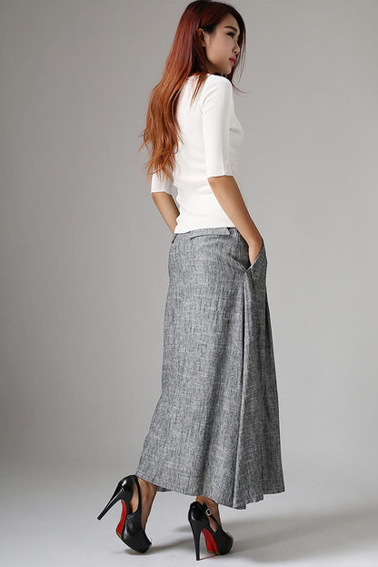 Gray Linen Maxi Skirt - Pleated Waist with Side Pockets 1039