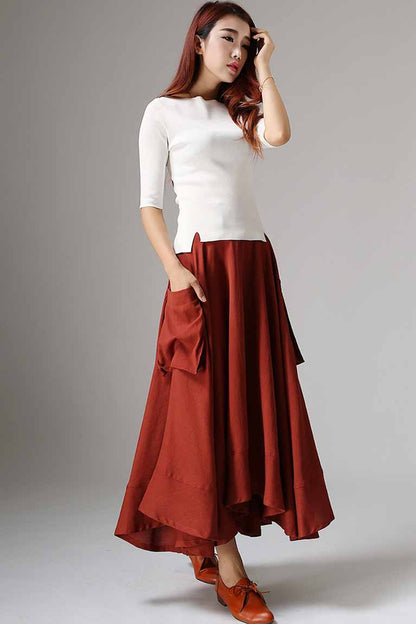 Red Linen Maxi Skirt - Asymmetric Ruffle Hem Pockets | Xiaolizi 1044