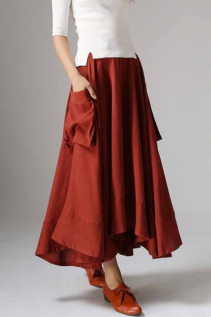 Red Linen Maxi Skirt - Asymmetric Ruffle Hem Pockets | Xiaolizi 1044