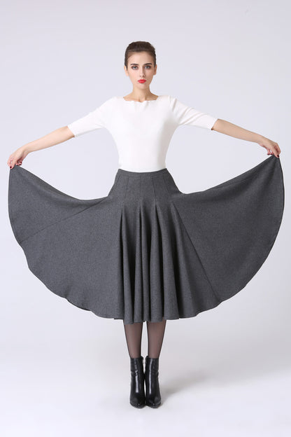 Women's Wool Pleated Flare Skirt | Dark Gray Minimalist Winter Midi Skirt 1066