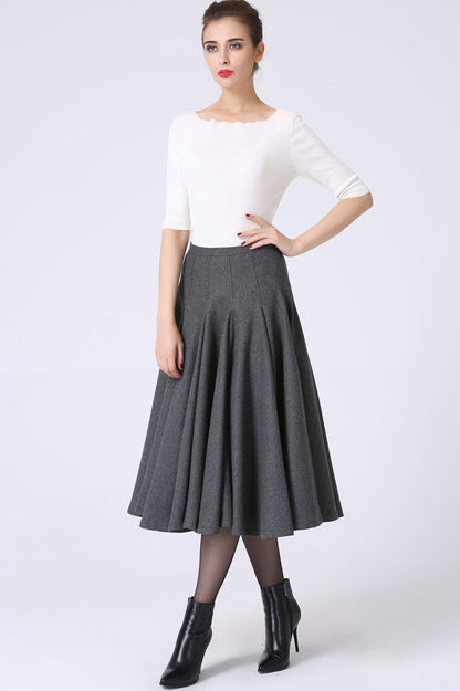 Women's Wool Pleated Flare Skirt | Dark Gray Minimalist Winter Midi Skirt 1066