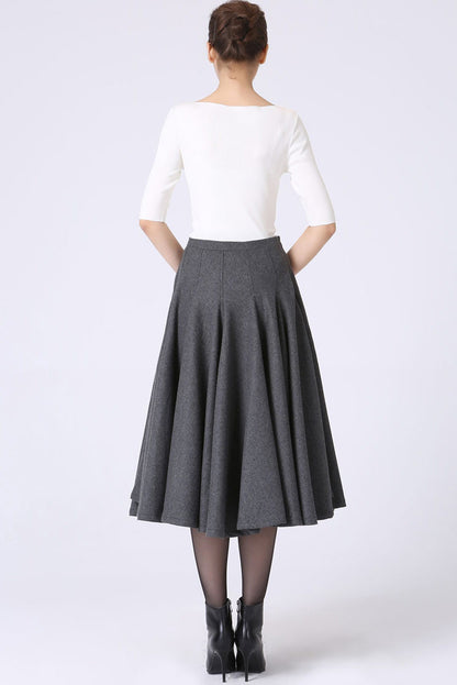 Women's Wool Pleated Flare Skirt | Dark Gray Minimalist Winter Midi Skirt 1066