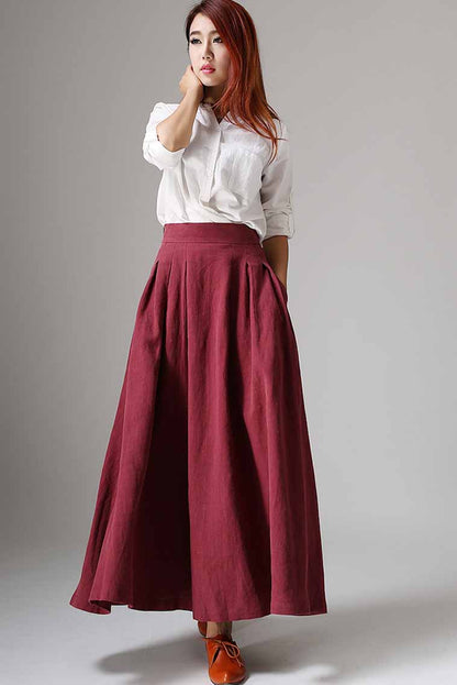Burgundy Linen Cotton Maxi Skirt - Pleated A-Line with Pockets 1048