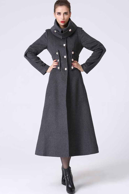 Gray Wool Maxi Coat - Military Inspired, Flared Silhouette 1063