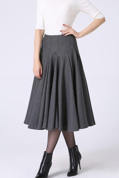 Gray Wool Midi Skirt – Vintage High Waist Flared Winter Skirt for Women 0748
