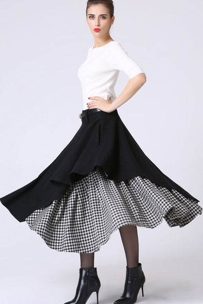 Black Wool Midi Skirt - Asymmetrical Hem & Houndstooth Pleats 1067