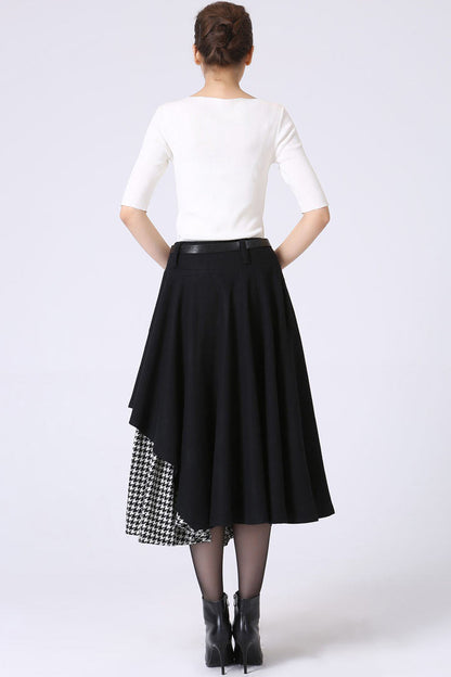 Black Wool Midi Skirt - Asymmetrical Hem & Houndstooth Pleats 1067
