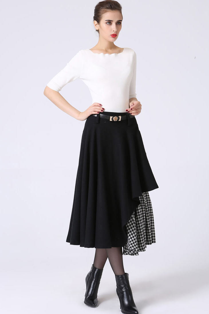 Black Layered wool skirt with Asymmetrical Hemline Skirt 1067