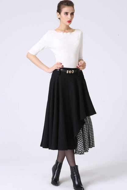 Black Wool Midi Skirt - Asymmetrical Hem & Houndstooth Pleats 1067