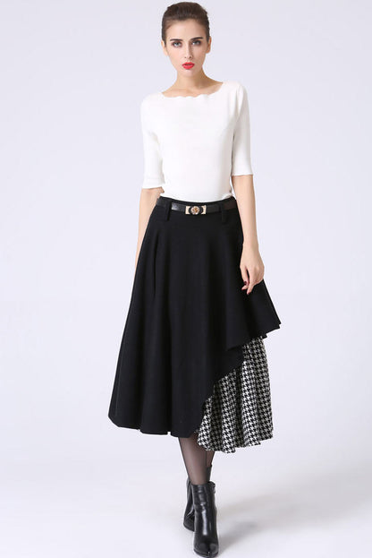 Black Wool Midi Skirt - Asymmetrical Hem & Houndstooth Pleats 1067