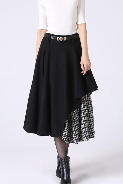 Black Wool Midi Skirt - Asymmetrical Hem & Houndstooth Pleats 1067