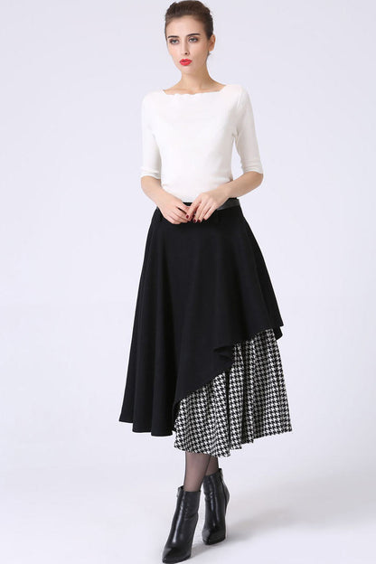 Black Wool Midi Skirt - Asymmetrical Hem & Houndstooth Pleats 1067