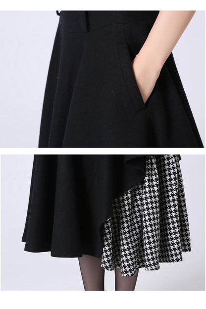 Black Wool Midi Skirt - Asymmetrical Hem & Houndstooth Pleats 1067