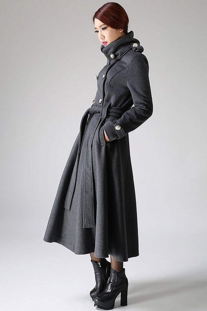 Dark Gray Wool Military Coat – Vintage Double Breasted Long Winter Overcoat 1072