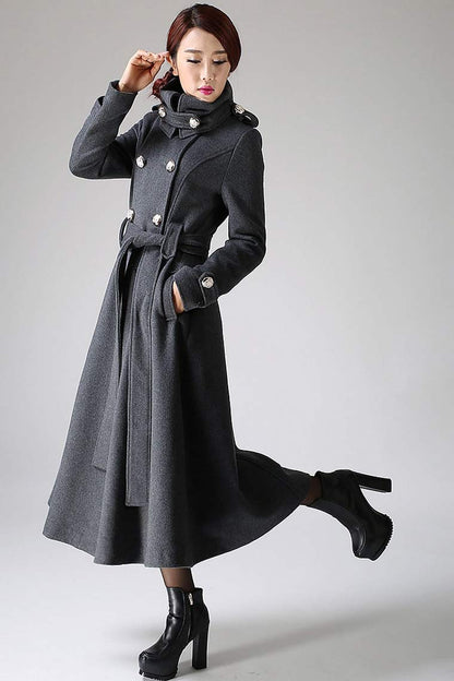Dark Gray Wool Military Coat – Vintage Double Breasted Long Winter Overcoat 1072