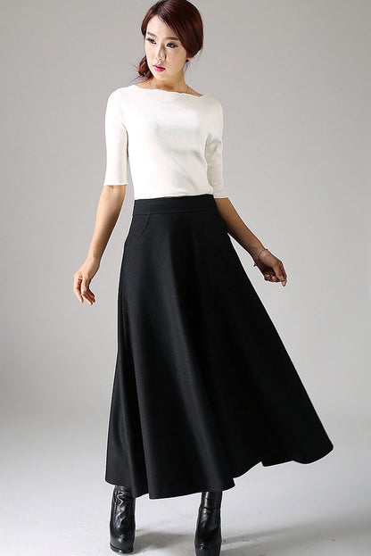 Black Wool Maxi Skirt Women – High Waist A-Line Long Winter Skirt with Pockets 1088