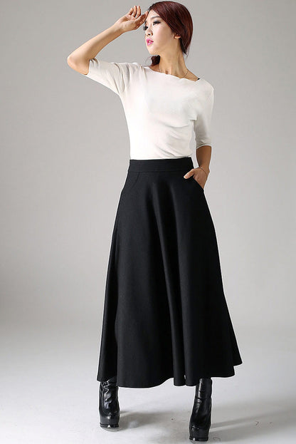 Black Wool Maxi Skirt Women – High Waist A-Line Long Winter Skirt with Pockets 1088