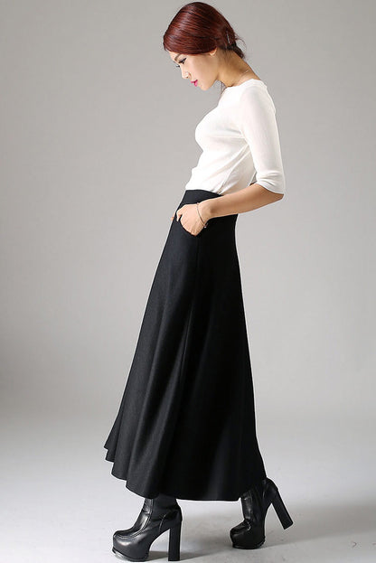 Black Wool Maxi Skirt Women – High Waist A-Line Long Winter Skirt with Pockets 1088