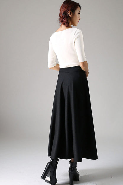 Black Wool Maxi Skirt Women – High Waist A-Line Long Winter Skirt with Pockets 1088