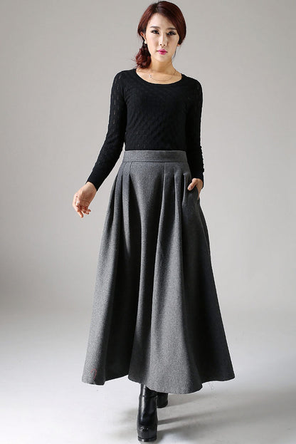 Dark Grey Wool Blend Maxi Skirt – Handmade Pleated High Waist Winter Elegance 1091