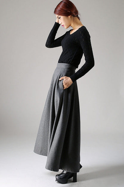 Dark Grey Wool Blend Maxi Skirt – Handmade Pleated High Waist Winter Elegance 1091