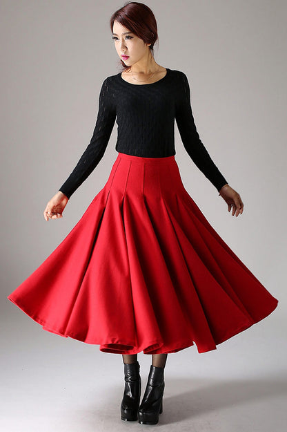 Women's Red Wool Pleated Swing Maxi Skirt – Warm Winter Flare Skirt | Xiaolizi 1092