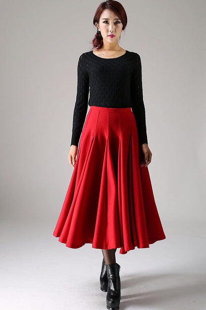 Women's Red Wool Pleated Swing Maxi Skirt – Warm Winter Flare Skirt | Xiaolizi 1092