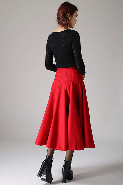 Women's Red Wool Pleated Swing Maxi Skirt – Warm Winter Flare Skirt | Xiaolizi 1092