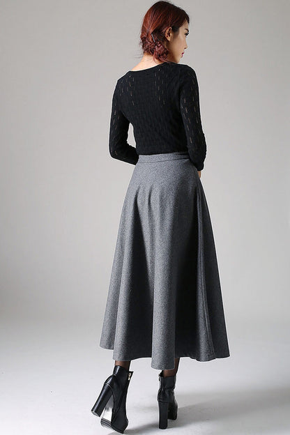 Gray Wool Blend A-Line Skirt - Timeless Flared Silhouette 1093